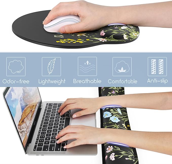Ergonomic Mouse Pad with Wrist Rest and Keyboard Wrist Rest, Memory Foam Wrist Rest for Computer Keyboard, Easy Typing, Black Mouse Pad Wrist Support for Gaming,Office, Laptop, Floral