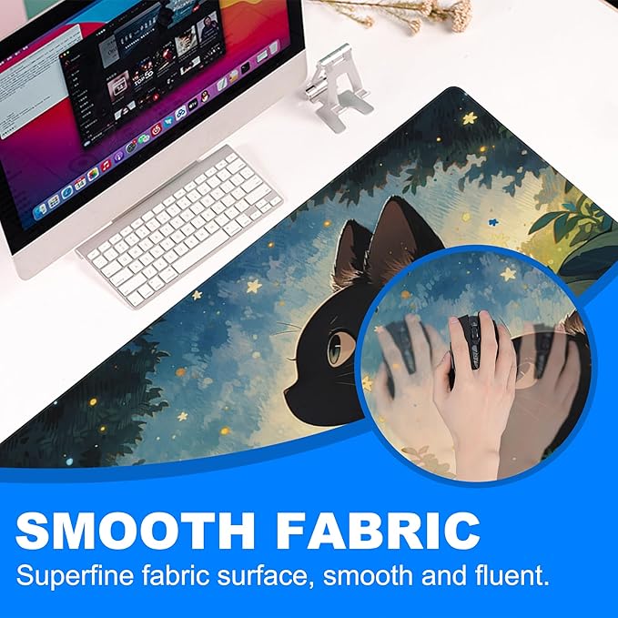 Desk Pad, Anime Cute Black Cat Extended Gaming Mouse Pad Large, 35.4"x15.7" Big Mouse Pad with Non-Slip Base and Stitched Edge, Long Computer Keyboard Mouse Mat for Home Office Work