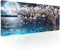 Japanese Pink Floral Gaming Mouse Pad XL Sakura Cherry Blossom Magnolia Tree Blue Ocean Moon Night Extended Big Large Desk Mat Non-Slip Rubber Base Stitched Edge Long Keyboard Mousepad 31.5×11.8 in