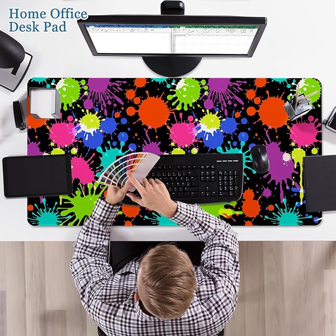Desk Mat, Desk Matt for Desktop, Neon Paint Splatter XXL Large Gaming Mouse Pad with Non-Slip Rubber Base Stitched Edges Waterproof Keyboard Desk Pad for PC Gaming, Laptop, Computer, Work, Office