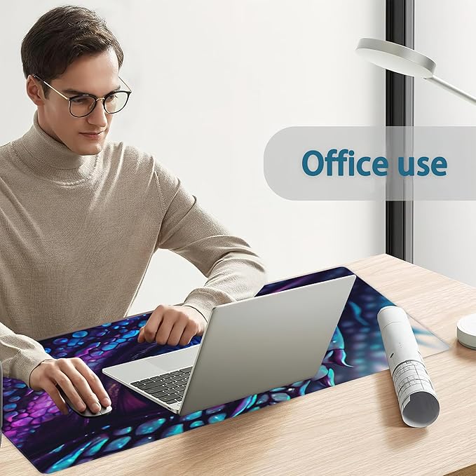 Desk Mat, Blue and Purple Fantasy Dragon Eye Extended Gaming Mouse Pad Large, 31.5"x15.7" Big Mouse Pad with Non-Slip Base and Stitched Edge, Long Computer Keyboard Mouse Mat for Home Office Work
