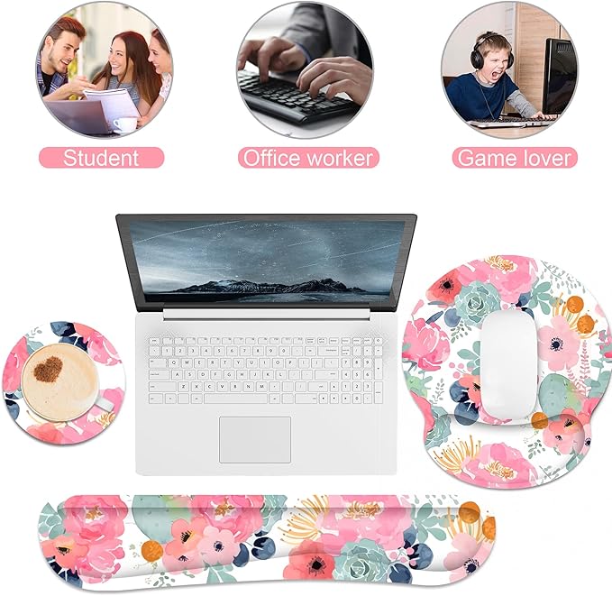 Ergonomic Mouse Pad with Wrist Rest and Keyboard Wrist Rest, Mousepad and Wrist Rest for Computer Keyboard, Non-Slip Rubber Base, Mouse Pad Wrist Support for Gaming, Office, Pink Flower