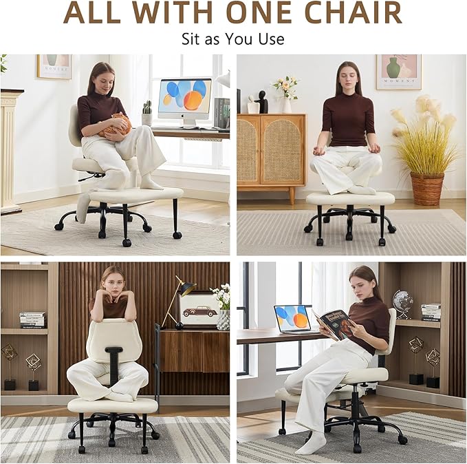 Ergonomic Criss Cross Legged Office Chair, ADHD Chair, Wide Height Adjustable Seat 360° Swivel Footstool with Wheels, PU Leather Meditation Kneeling Chair, for The Restless Home Workers, Beige