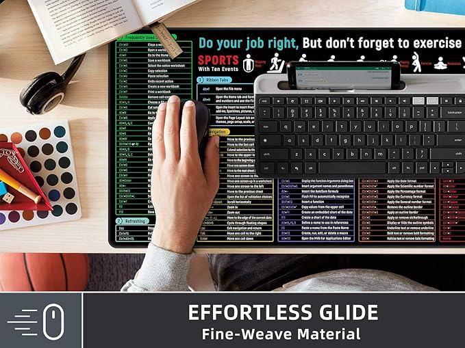 Large Mouse Pad With Excel Shortcuts Cheat Sheet, Excel Tips Desk Mat, XXL Gaming Mousepad Keyboard Pad, Office Accessories for Computer, Mac, PC and Laptop