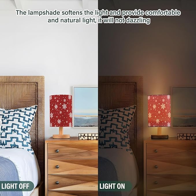 Red Snowflake LED Table Lamp, Bedside Lamp with Linen Lampshade, Flicker-Free Eye Care USB Plug in Nightstand Lamp, for Bedroom and Office