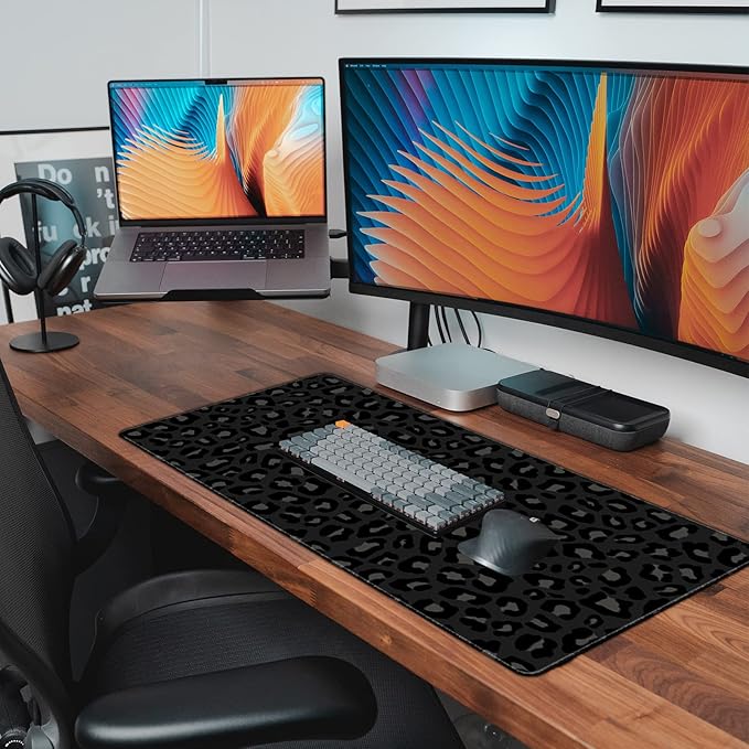 Extended Large Computer Gaming Mouse Pad Desk Mat(31.5×15.7 in),Desk Pad with Non-Slip Base and Stitched Edges for Work Office Large Gaming Mouse Pad Desktop Pad-Black Leopard Cheetah