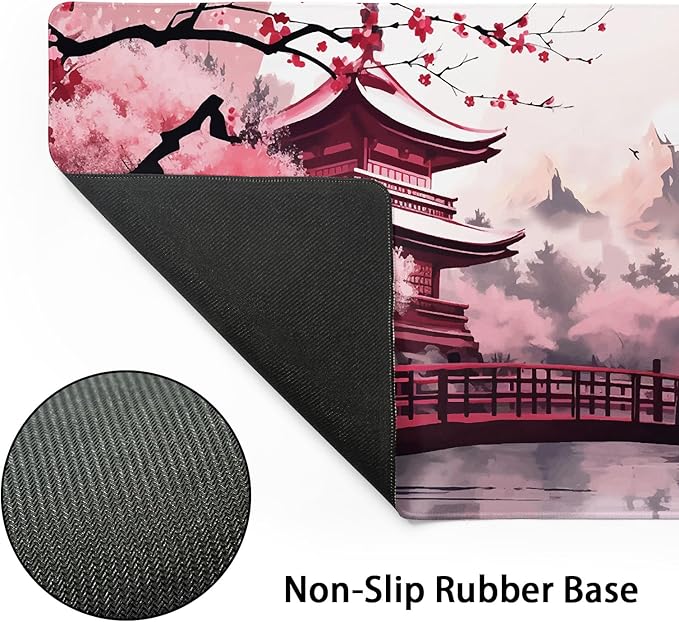 Pink Japanese Cherry Blossom Large Mouse Pad XL Sakura Forest Tree Sun Tower Mountain Extended Large Desk Mat Big Desk Pad 80X30 CM Non-Slip Rubber Base Stitched Edge Long Mousepad,31.5×11.8 Inch