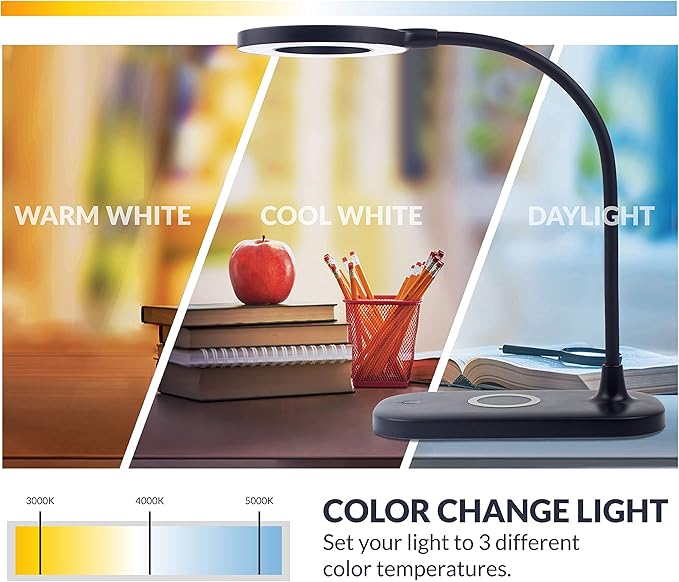 Newhouse Lighting Zlata Painted Black Plastic Tap or Touch Switch Dimmable and Adjustable Color Temperature Office Desk Lamp with 21 LEDs and USB Port, Wireless Charging