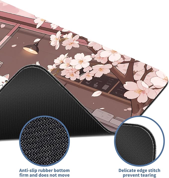 Pink Cute Cat Gaming Mouse Pad Large Desk Mat Extended Keyboard Mouse Pad Anime Mousepad with Non-Slip Base and Stitched Edge Mouse Mat Desk Pad 31.5 x 11.8 in Mouse Pads for Desk Home Office Gaming