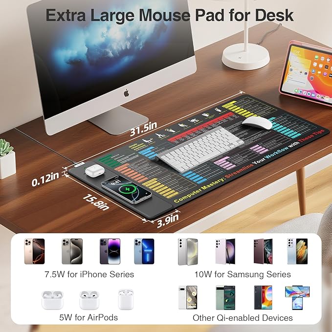 Excel Cheat Sheet Mouse Pad with Wireless Charging, 31.5"x15.8" Extended Excel Shortcuts Desk Pad, Waterproof Ultra-Smooth Keyboard Mat, Non-Slip Base, with 20W PD Adapter