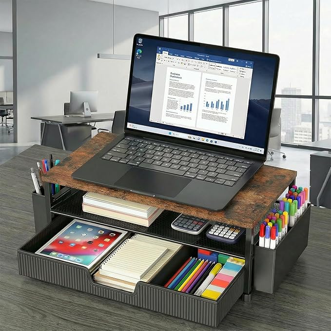 Desk Organizer and Accessories, 2-Tier Computer Monitor Stand Rise with Storage Drawer & 2 Pen Holders, Laptop & Printer Stand for Desktop, Workspace Organizers for Office Supplies (Brown)