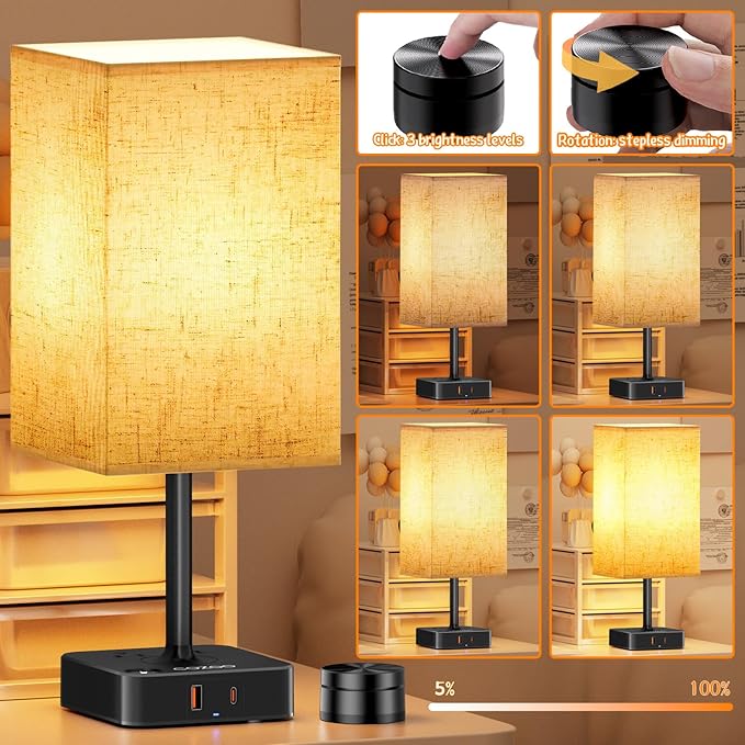 Bedside Table Lamps for Bedroom, 3 Way Dimmable + Remote Control Stepless Dimming Touch Lamps for Nightstand, USB A+C & AC Outlet Small Table Lamp for Living Room, Bed, Study, Include 9W Warm LED Bulb