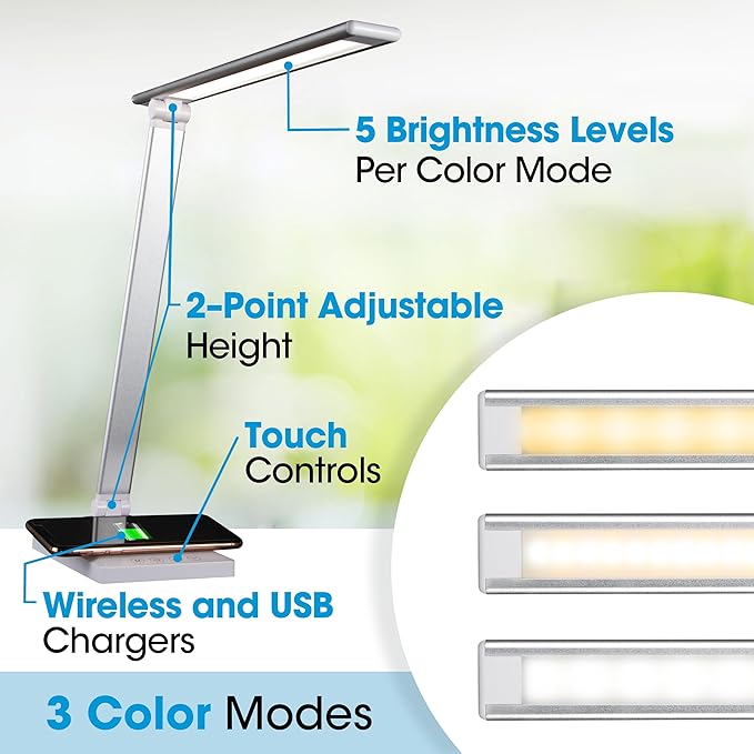 OttLite Entice LED Desk Lamp with Wireless Charger & USB, Book Light, Desk Light, Reading Light, Foldable Arm & Shade, Touch Controls, 3 Color Temperatures, ClearSun LED, Great Lamps for Home Office