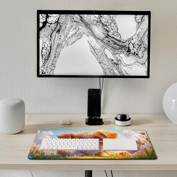 Large Ergonomic Gaming Mouse Pad Charming Fluffy Dog in Bright Meadow - Cute Pet Theme with Non-Slip Base Water-Resistant Surface and Stitched Edges 40X75cm