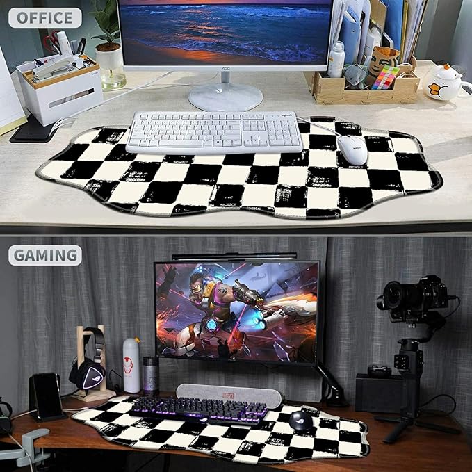 Black White Checkered Large Gaming Mouse Pad Plus a Coaster, 35.4 x 15.7 inches Desk Mat Extended XXL Mousepad with Stitched Edge Non-Slip Rubber, Desk Pad Computer Mouse Mat for Home Office