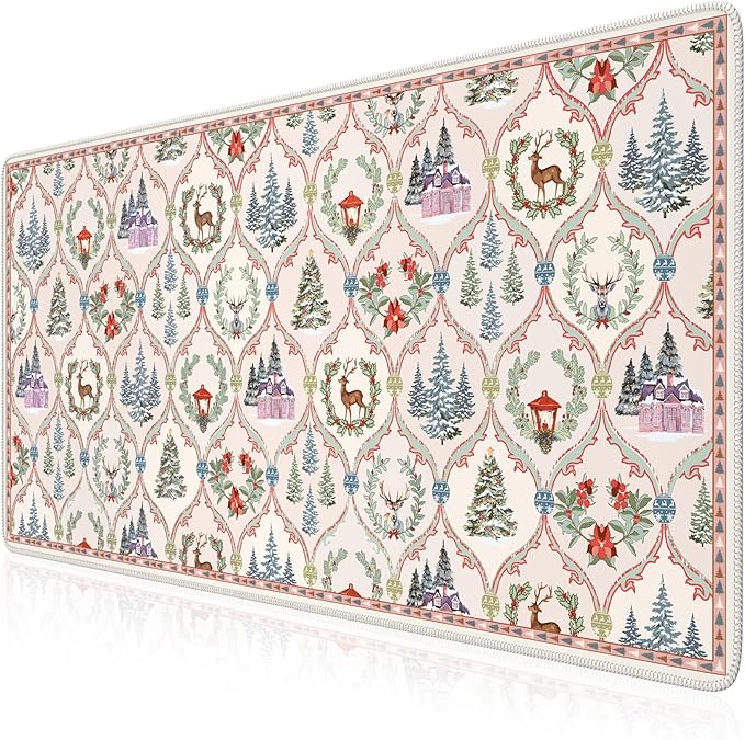 iCasso Christmas Desk Mat, Beige Mouse Pad, Desk Protector Mat, Extra Large Office Matt for Desktop,Anti-Slip XXL Big Mousepad with Stitched Edges for Computer Keyboard