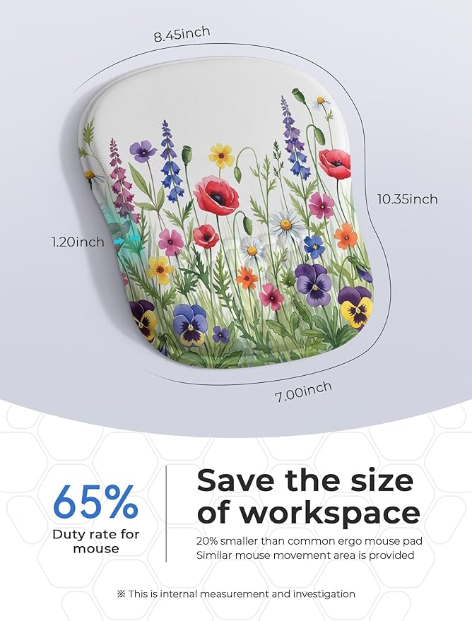 Wild Flower Bohemian Ergonomic Mouse Pad for Carpal Tunnel Pain Relief, 65% Usable Mouse Area, Memory Foam Concave Wrist Rest for for Office, PC, Gaming