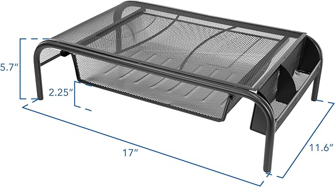 Mount-It! Metal Mesh Monitor Stand with Drawer, Ergonomic Desk Organizer and Riser for Monitors and Laptops, Desktop Stand with Extra Storage and Side Pocket, Black