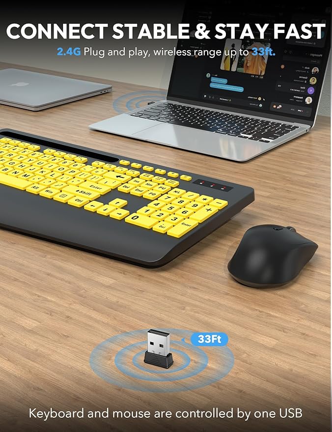 SABLUTE Wireless Keyboard and Mouse, Wrist Rest, Large Print, Phone Holder, 2.4G Ergonomic Keyboards Mouse Combo, KM23D Silent High Contrast Set for Low Vision and the Elderly, Battery Powered