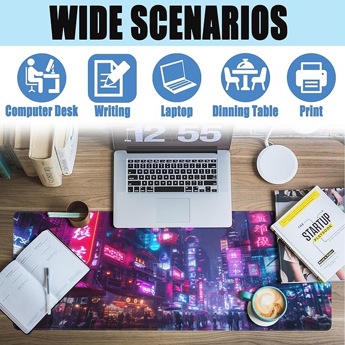 Desk Mat,Cyberpunk Neon City Large Gaming Mouse Pad for Desk XL,Futuristic Night Street Desk Pad,Extended Big Computer Keyboard Mouse Pad with Non-Slip Base and Stitched Edge 31.5"x11.8"