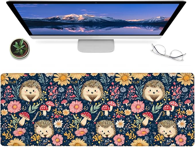 Hedgehog Gaming Mouse Pad,12x31.5in Non-Slip Rubber Cute Floral and Mushroom Desk Mat,Large Extended Rustic Animal Mousepad for Office Home Laptop,Mice Pads Gifts,Game Lover Deskmat Decor
