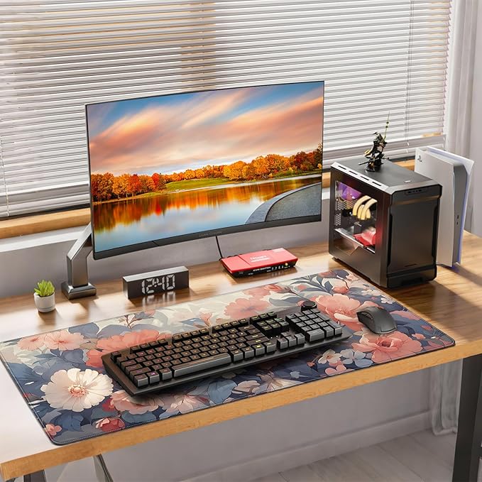 XXL Large Gaming Mouse Pad, 35.4 x 15.7 inches, with Non Slip Rubber Base, Extended Keyboard Pad for Home Computer Office Workstations, Large Laptop Mouse Pads Blooming Flowers