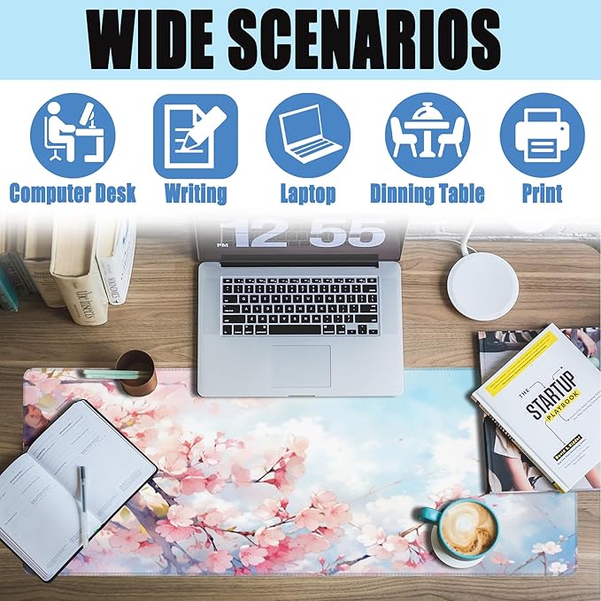 Large Gaming Mouse Pad for Desk,Cherry Blossom Tree Desk Mat for Desktop,Watercolor Floral Desk Pad, Extended Big Computer Keyboard Mouse Pad with Non-Slip Base Stitched Edges 31.5"x11.8"