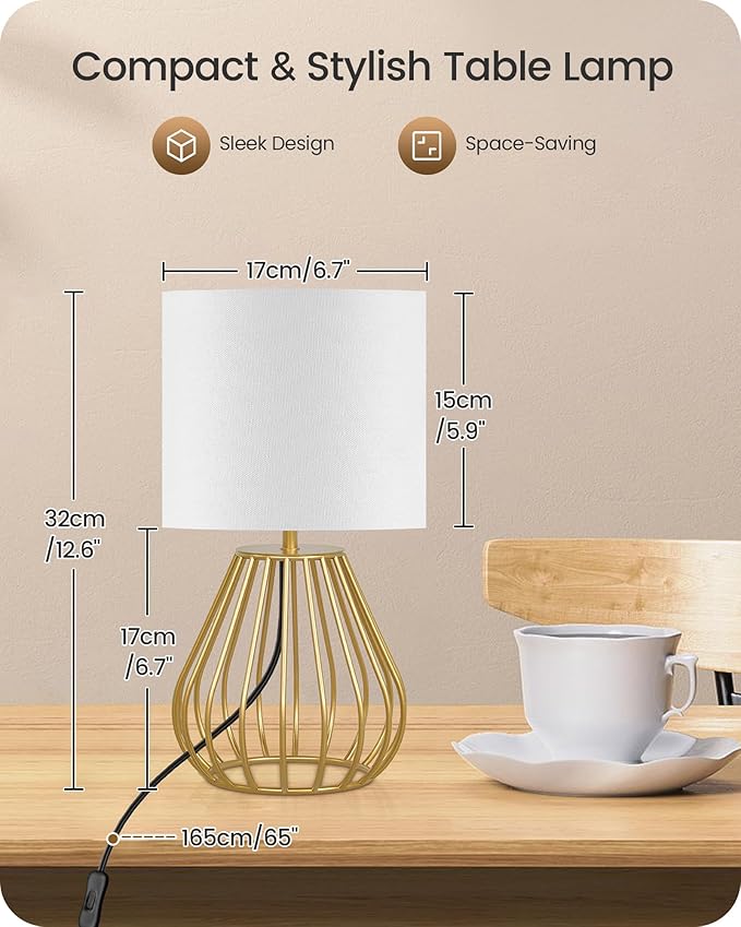 Gold Table Lamp Set of 2, Small Bedside Lamp with Gold Metal Base & White Linen Lampshade, Modern Nightstand Lamp, Little Cute Desk Lamp for Bedroom, 2700K LED Bulb Included DCW06TLP205