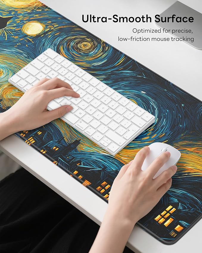 Van Gogh Cat Mouse Pad, 31.5 x 11.8 Large Desk Mat with Stitched Edges & Non-Slip Base, Mousepad for Office, Home, Work