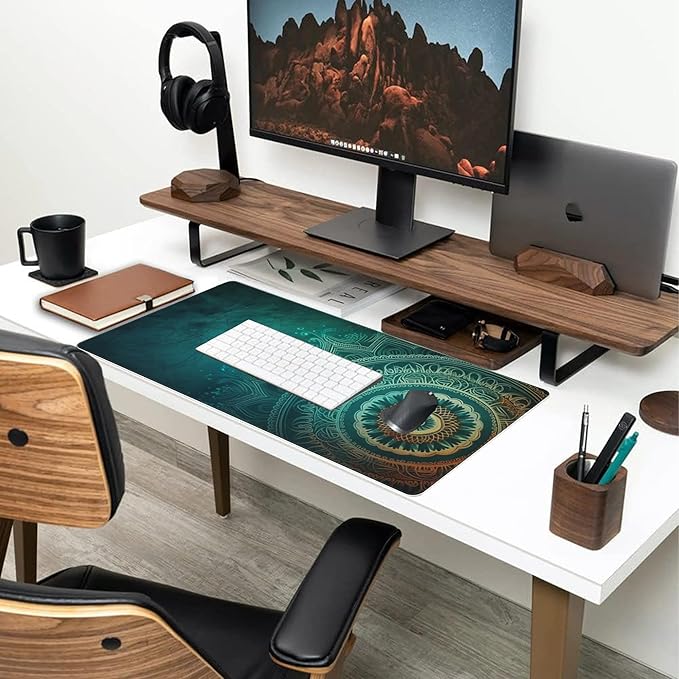 Large Gaming Mouse Pad for Desk,Retro Mandala Flower Desk Mat for Desktop,Mandala Floral Desk Pad, Extended Big Computer Keyboard Mouse Pad with Non-Slip Base and Stitched Edge 35.4"x15.7"