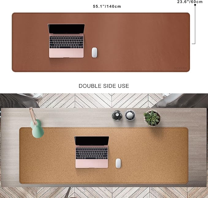 MAIDERN 55" x 24" Cork & Leather Desk Pad, Large XXL Mat, Full Mouse Pad, Dual Sided Protector for Gaming Home Office (Brown)