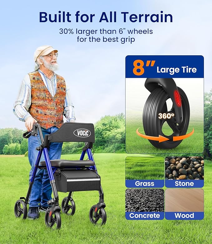 VOCIC Walkers for Seniors, Z21 Rollator Walker with Seat Supports 350lb, 8" Big Wheels for All Terrain, Ergonomic Arc Seat & 6" Ultra Backrest Foldable Walker, Dual Height Adjustment, Lightweight 2026