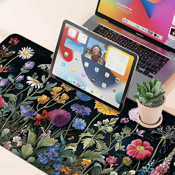 Desk Mat, XXL Extended Gaming Pad for Desktop, 35x16 Inches Dark Floral Art on Dark Background, Large Non-Slip Vegan Leather Keyboard Mouse Mat for Home Office