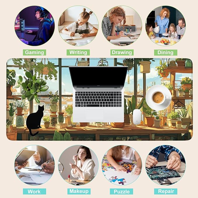 Desk Mat, XXL Extended Gaming Pad for Desktop, 35x16 Inches Cat Lover Kitty in Window with Houseplants, Large Non-Slip Vegan Leather Surface with Stitched Edges, Keyboard Mouse Mat for Home Office