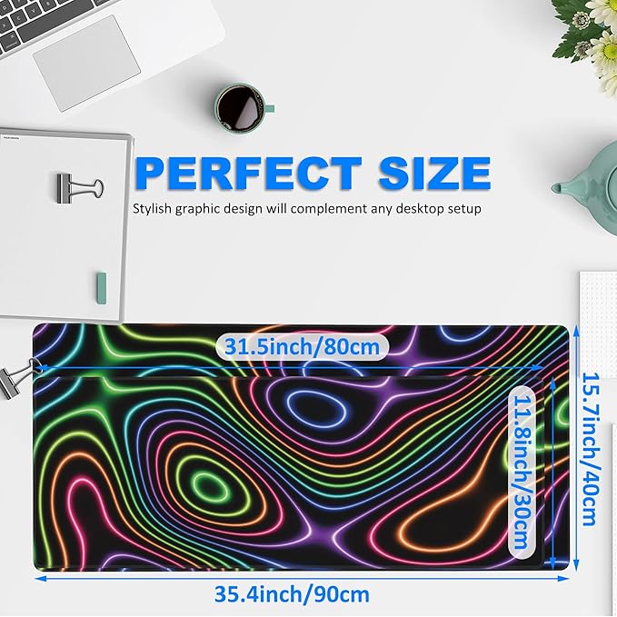 Desk Mat, Colorful Neon Topographic Contour Map Extended Gaming Mouse Pad Large, 35.4"x15.7" Big Mouse Pad with Non-Slip Base and Stitched Edge, Long Computer Keyboard Mouse Mat for Home Office Work