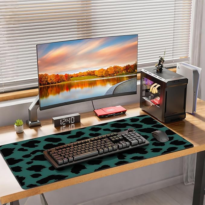 XXL Gaming Mousepad, Green and Black Leopard Print, 35.4 x 15.7 inches, Non-Slip Rubber Base, Extended Desktop pad