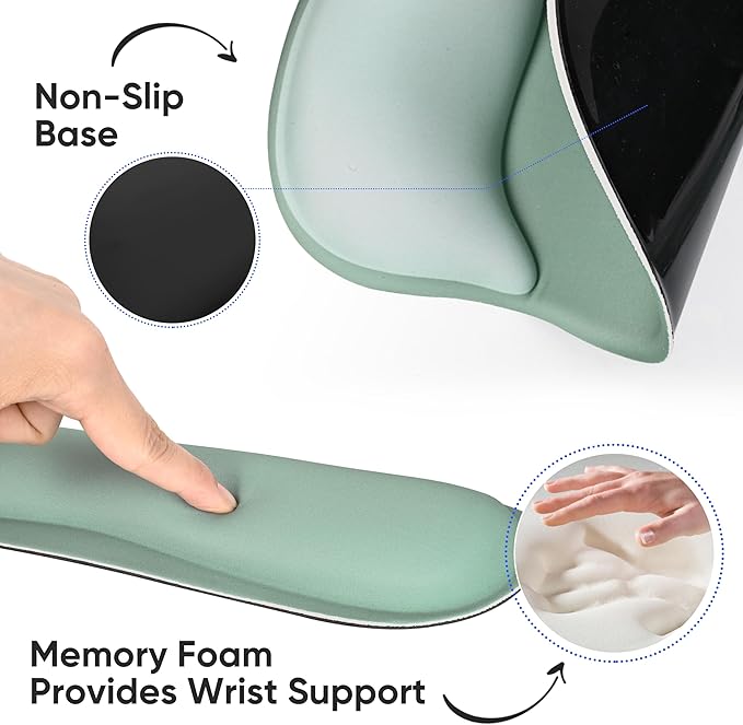 Wrist Rest Support for Mouse Pad Keyboard Set Circle Coaster Gaming Mouse Pad Ergonomic Gel Memory Foam Set for Computer, Laptop, Office, Comfortably Typing Pure Green KM-34