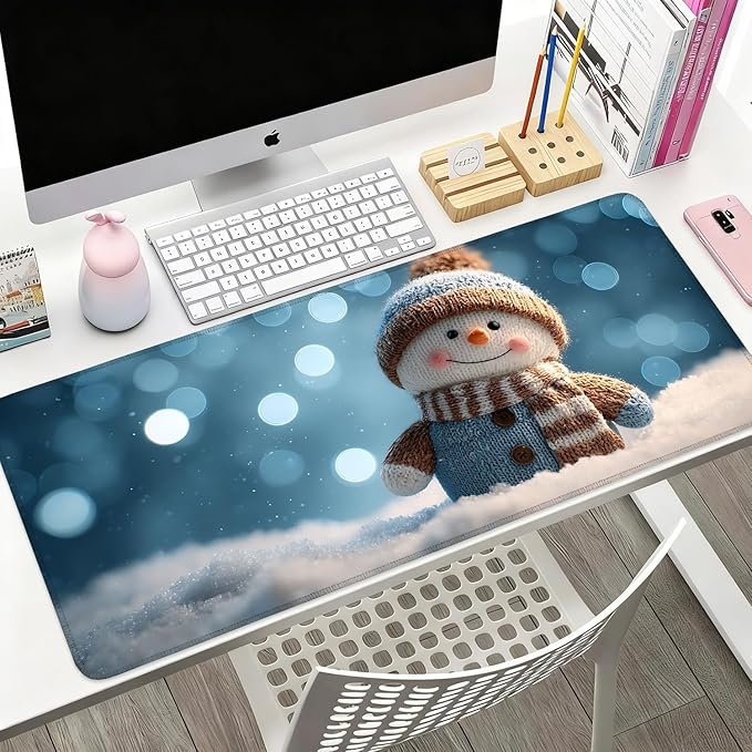 Desk Mat, XXL Extended Gaming Pad for Desktop, 35x16 Inches Scarf and Hat Snowman, Large Non-Slip Vegan Leather Surface with Stitched Edges, Keyboard Mouse Mat for Home Office