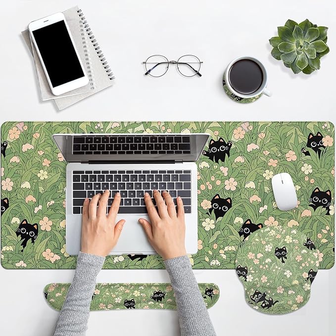 Arttown Cute Black Cat Desk Mat Pink Flower Green Leaves Mouse Pad Set 4 in 1 Ergonomic Design Large Desk Pad + Keyboard Wrist Rest + Mouse Wrist Rest + Coaster Suitable for Home Office Study Game