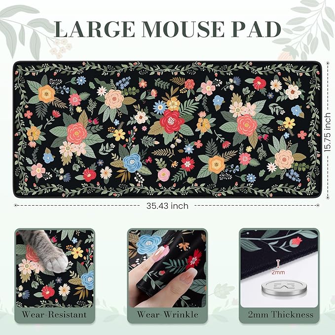 iCasso Floral Desk Mat for Keyboard and Mouse,Cute Gaming Mouse Pad XXL,Anti-Slip Desk Matt for Desktop,Soft Lycra Surface Computer Mat Women,Girly Big Mousepad for Home Office (Black Floral)