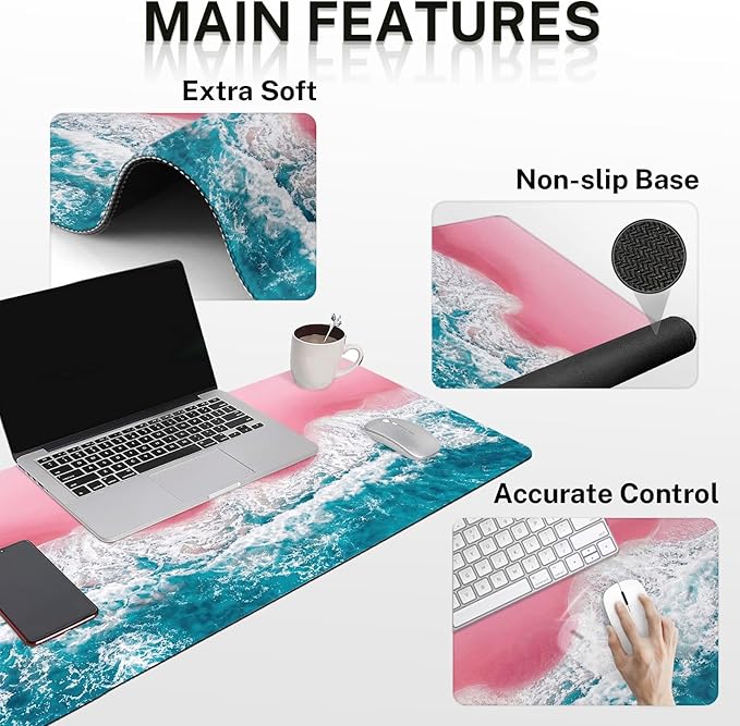 Britimes Blue Sea Keyboard Mouse Pad Set Pink Sand Beach 4in1 Large Mousepad+Keyboard Wrist Rest+Mouse Wrist Rest+Coaster Set with Ergonomic Design for Home Office Computer 35.4x15.7 inches