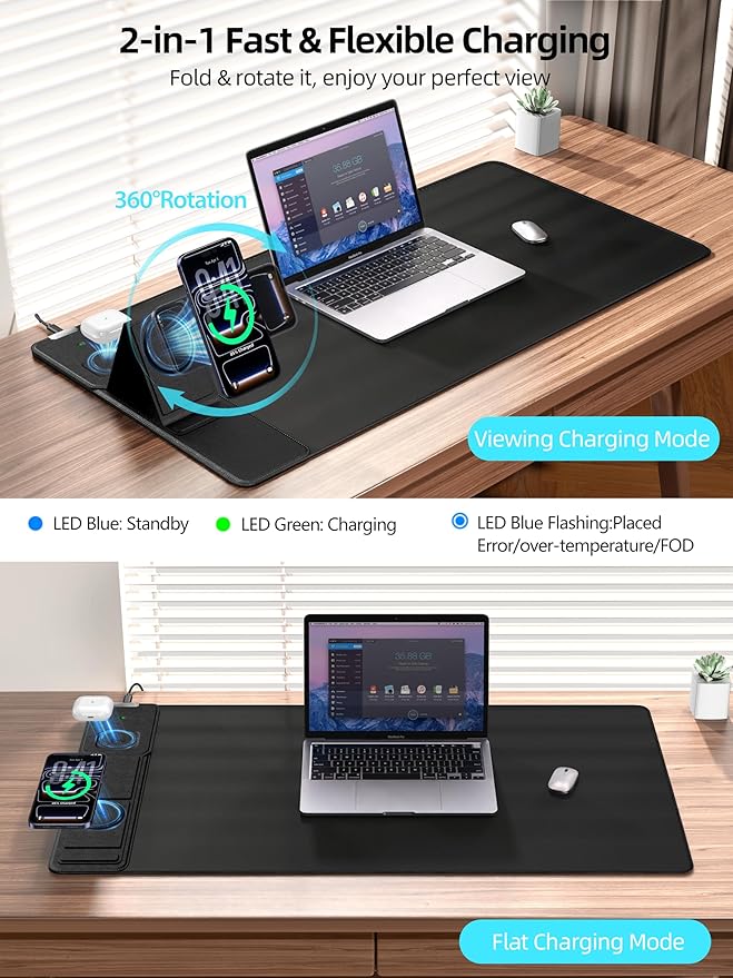 Mouse Pad with Magnetic Wireless Charging & Adjustable Phone Stand, 31.5"x15.8" Extended Desk Mat, Waterproof Ultra-Smooth Keyboard Pad, Non-Slip Base, Black