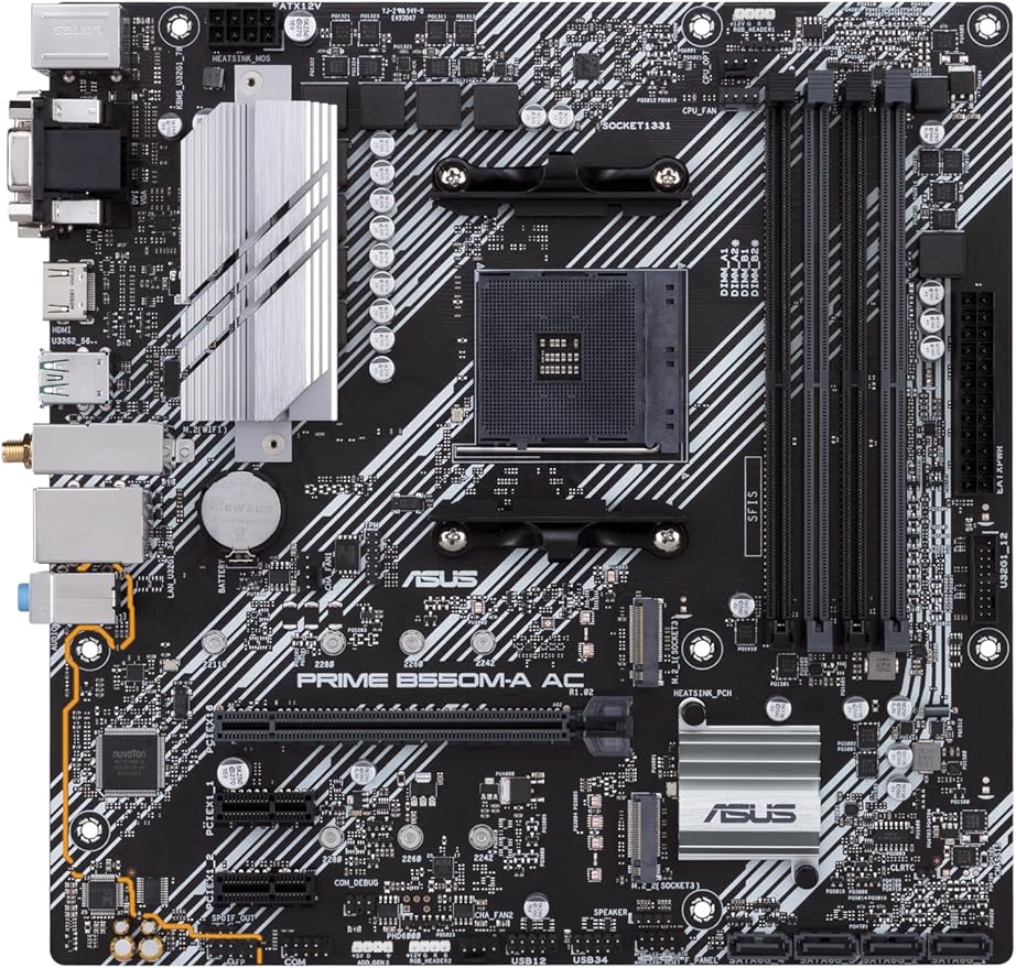 ASUS Prime B550M-A AC AMD AM4 (3rd Gen Ryzen™) Micro ATX Motherboard (PCIe 4.0, WiFi, ECC Memory, 1Gb LAN, HDMI 2.1/D-Sub, 4K@60HZ, Addressable Gen 2 RGB Header and Aura Sync)