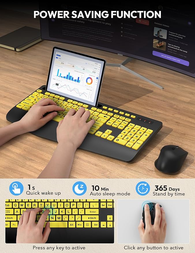 SABLUTE Wireless Keyboard and Mouse, Wrist Rest, Large Print, Phone Holder, 2.4G Ergonomic Keyboards Mouse Combo, KM23D Silent High Contrast Set for Low Vision and the Elderly, Battery Powered
