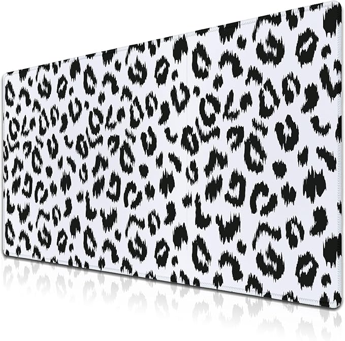 Large Gaming Mouse Pad - White and Black Desk Mats, Non-Slip Rubber Base 35.4 X 15.7 for Game Office, Leopard Print