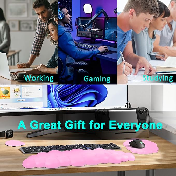 Cloud Keyboard and Mouse Wrist Rest Pad for Computer Arm- Ergonomic Wrist Support Mousepad with Non-Slip PU Base for Office, Gaming, and Home Use Anti-Fatigue(Pink)