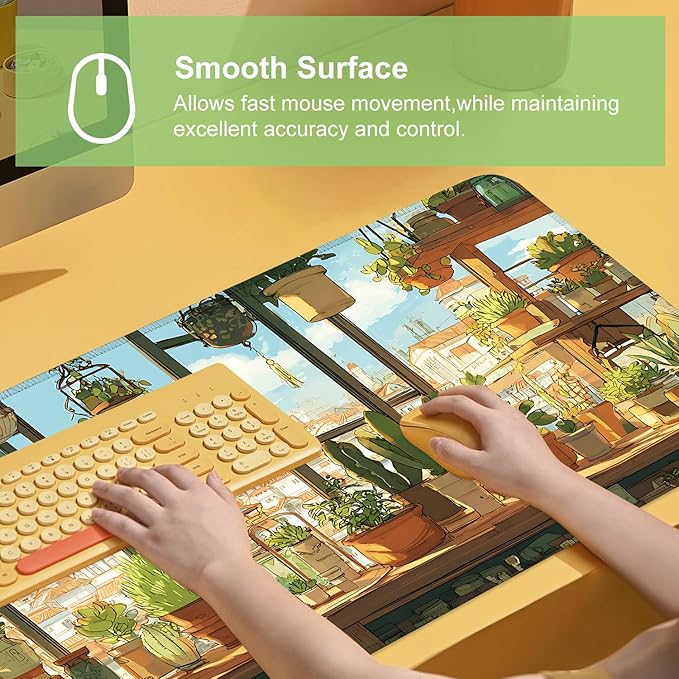 Desk Mat, XXL Extended Gaming Pad for Desktop, 35x16 Inches Cat Lover Kitty in Window with Houseplants, Large Non-Slip Vegan Leather Surface with Stitched Edges, Keyboard Mouse Mat for Home Office