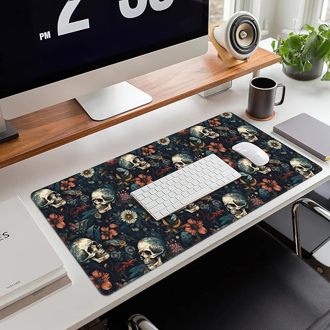 Desk Mat,Skulls with Flowers Large Gaming Mouse Pad for Desk XXL,Skull Floral Desk Pad for Desktop,Extended Big Computer Keyboard Mouse Pad with Non-Slip Base and Stitched Edges 35.4"x15.7"