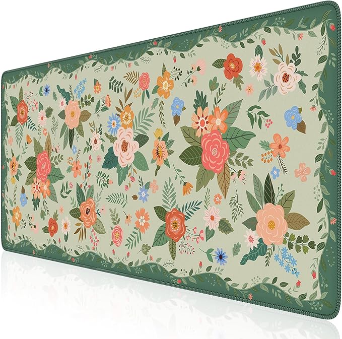 iCasso Floral Desk Mat for Keyboard and Mouse,Cute Gaming Mouse Pad XXL,Anti-Slip Desk Matt for Desktop,Soft Lycra Surface Computer Mat Women,Girly Big Mousepad for Home Office (Green Floral)