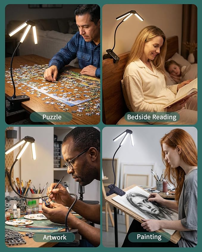 Clip-On Easel Light, Rechargeable Artist Lamp with 4 Color Modes & 3 Brightness, Flexible Arm Reading Light Music Stand Light, for Piano Bed Reading Desk Puzzle, Art Lamps for Paintings